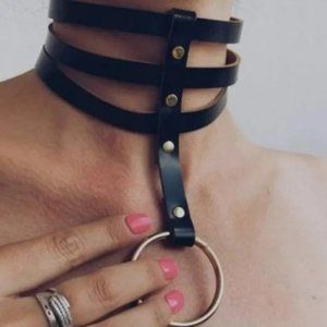 Choker Collar Triple Strap O Ring Bondage Punk Goth Role Play Vegan Leather GIFT